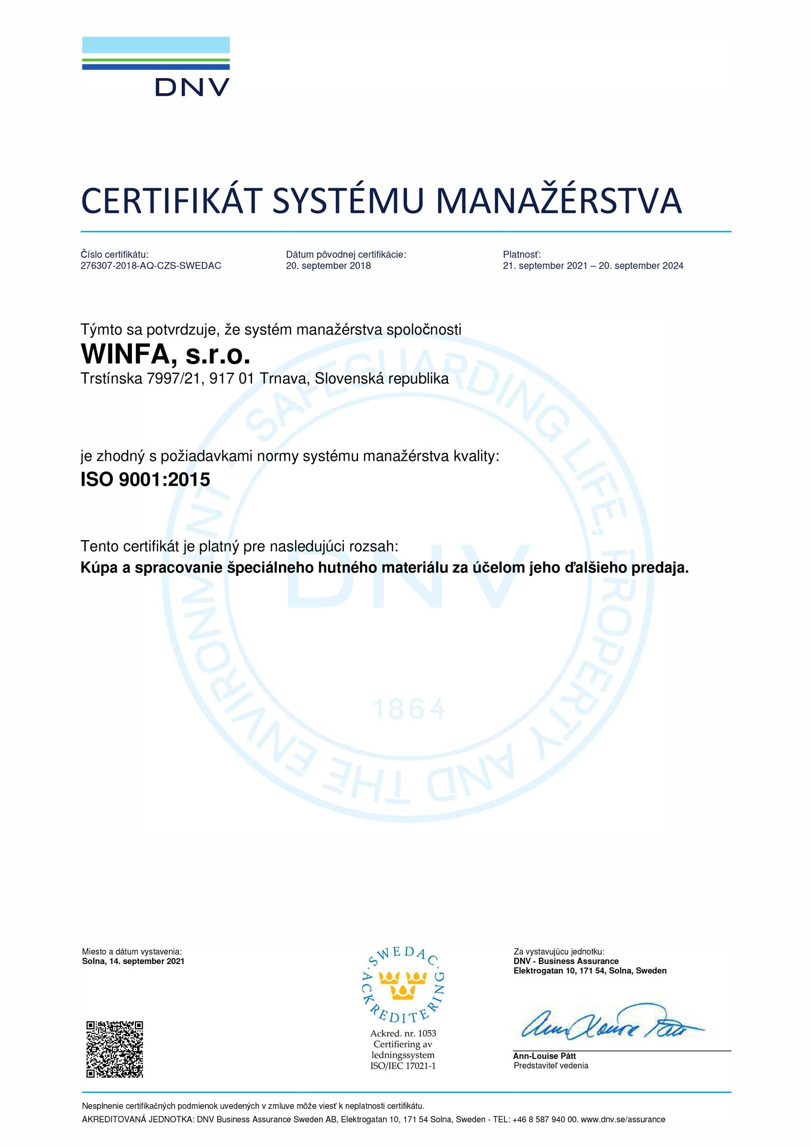 Certifikát systému manažérstva | winfa.sk