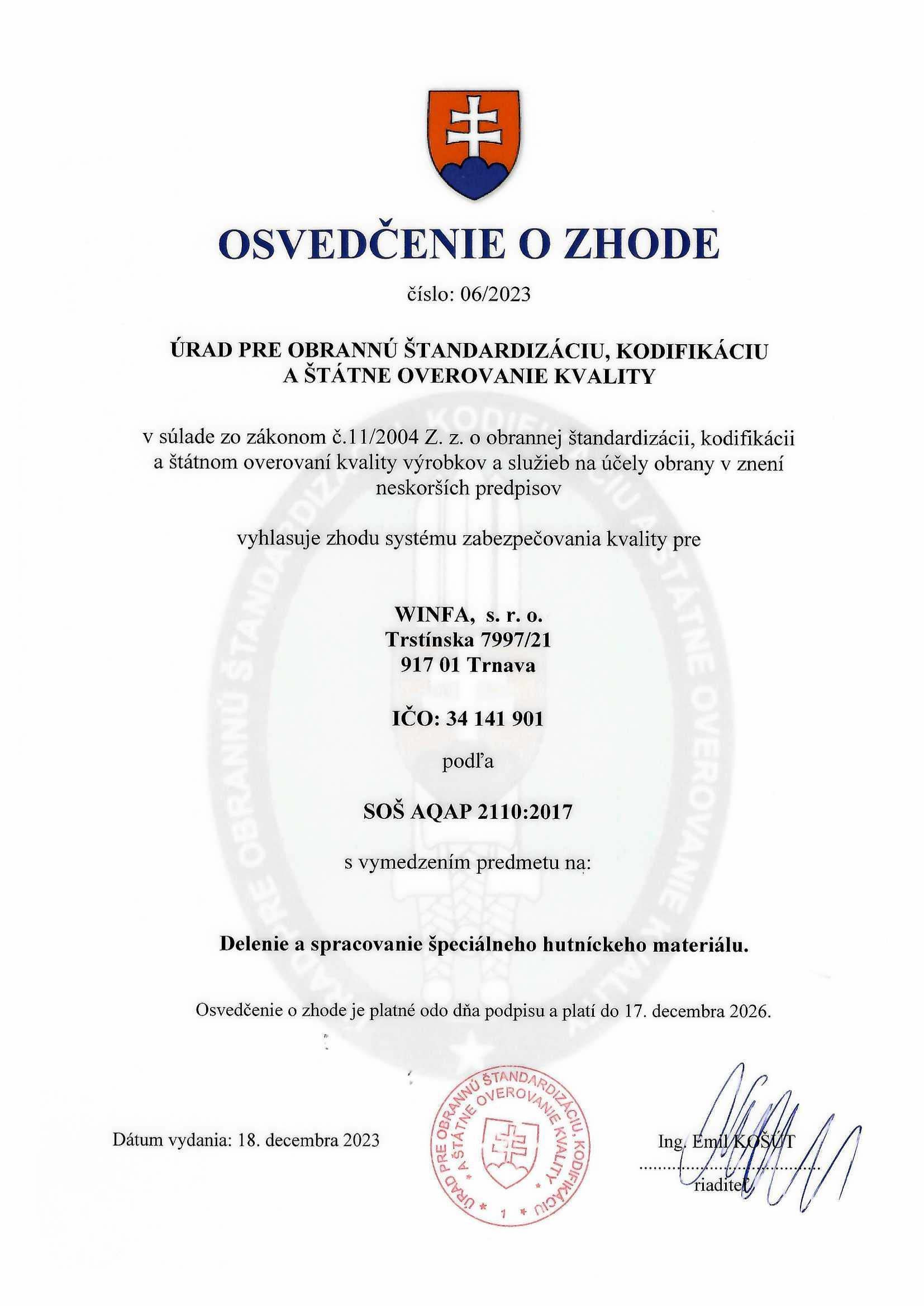 Document, certificate of conformity | winfa.sk